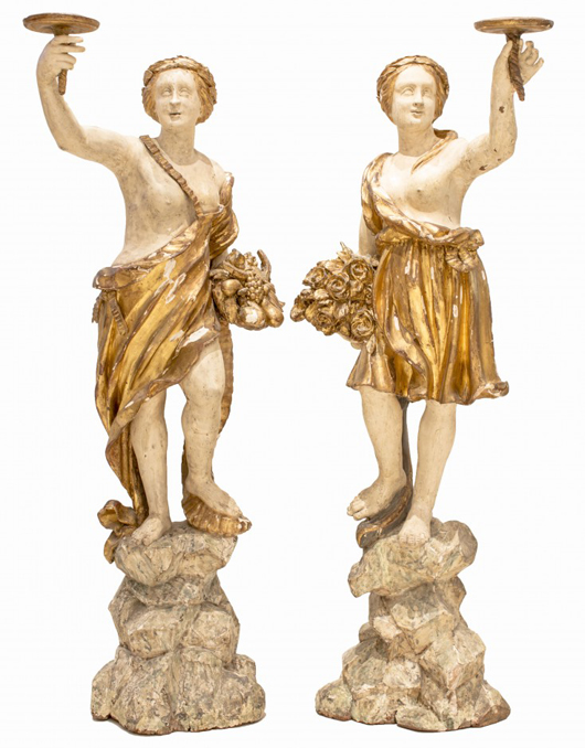 Pair of 18th century Italian carved, painted gilt-female figures, 61 inches. Estimate: $20,000-$30,000. A.B. Levy’s image.